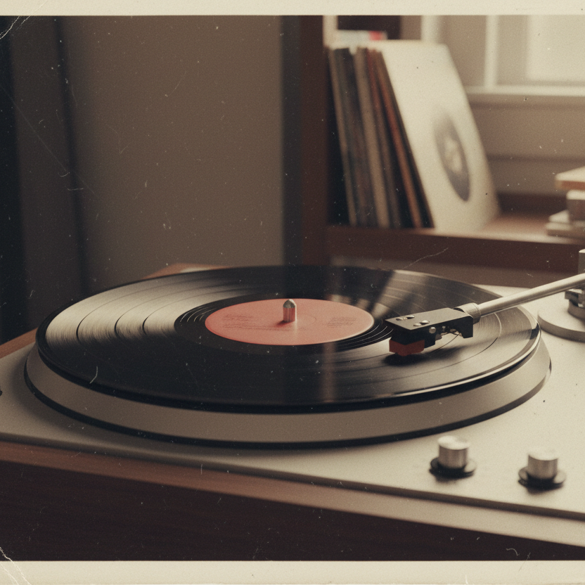 Un disco de vinilos girando en una mesa, en una foto vintage